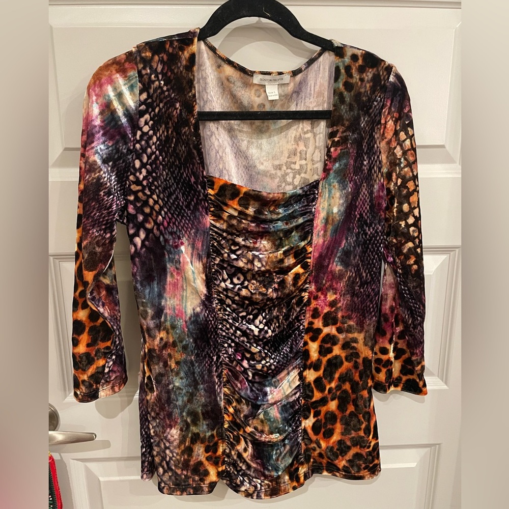 Boston Proper multicolor animal print velvet blouse, size large (L)